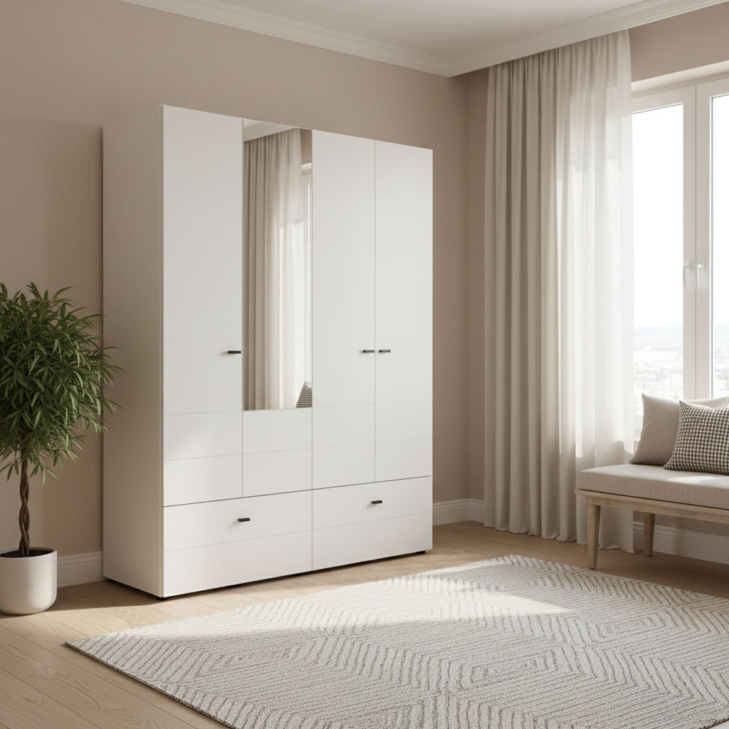 Nevaris White Narrow 4 Door 2 Drawer Space-Saving 155cm Wide Combination Wardrobe - 11014883