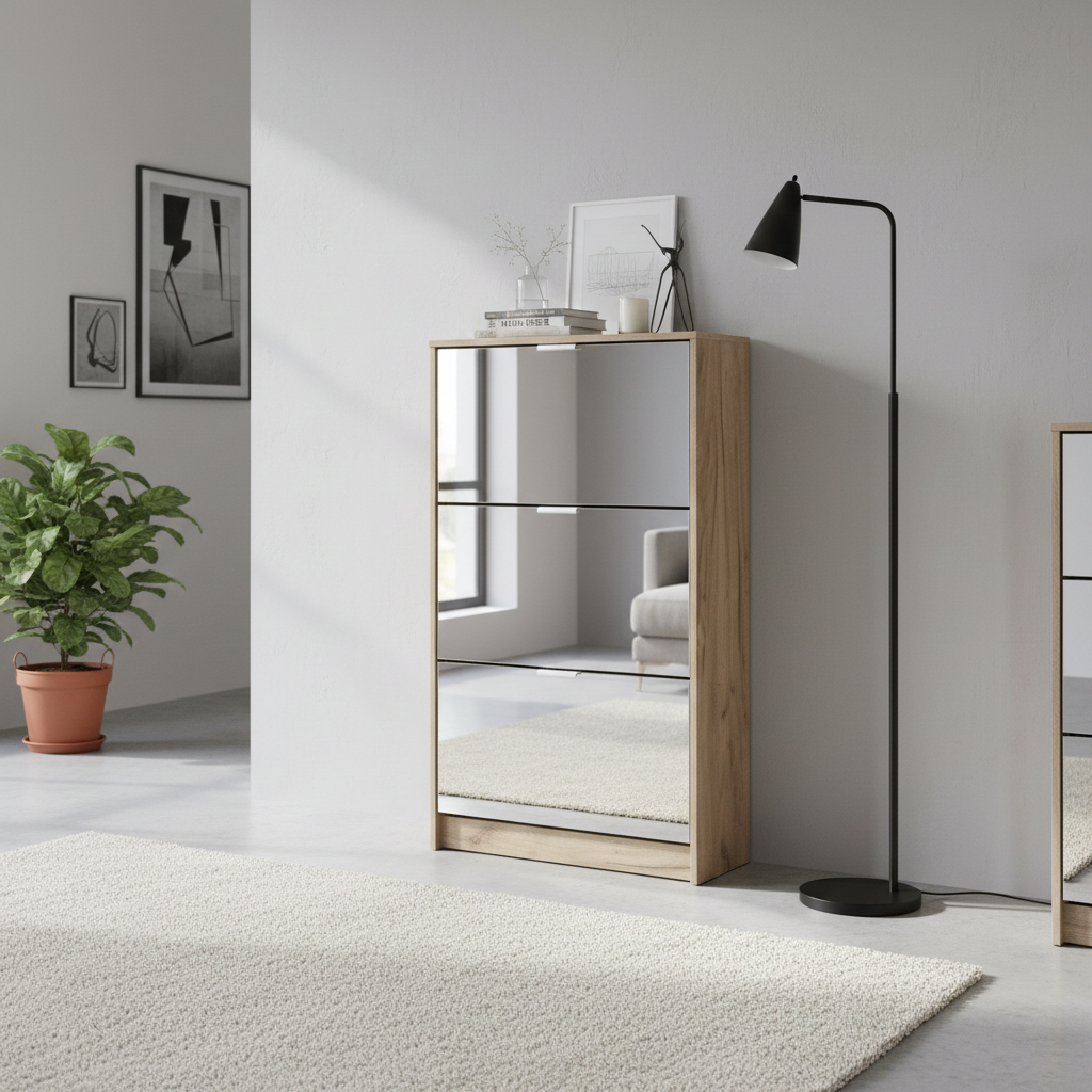 Sydney 3 Drawer Mirrored and Oak Effect Shoe Storage Cabinet - 11008519