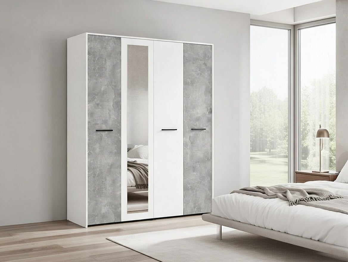 Varadero White And Concrete Grey Effect 4 Door 157cm Mirrored Wardrobe - 11011615rz