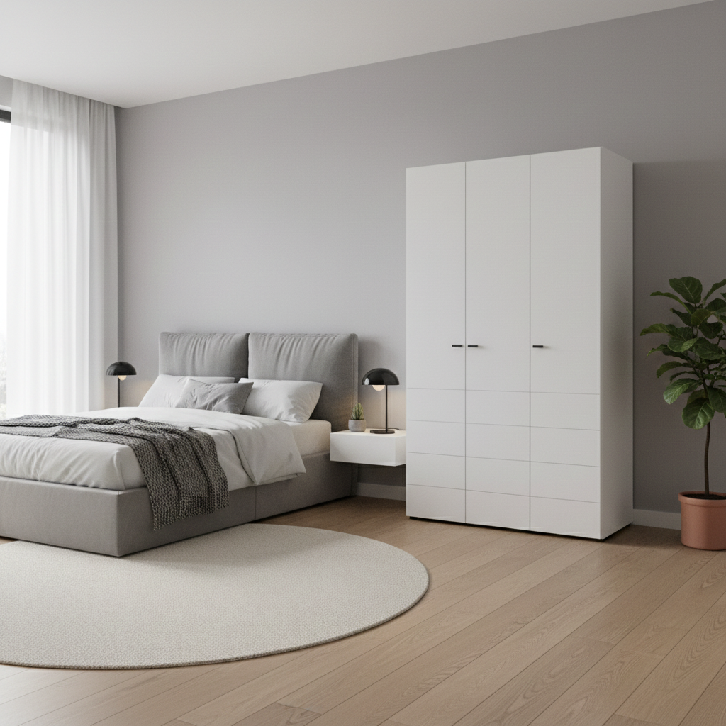 Nevaris White Narrow 3 Door Space-Saving 117cm Wide Wardrobe - 11014949