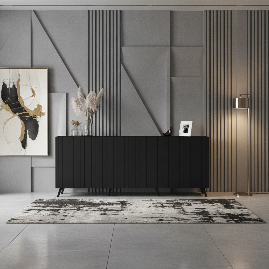 Nora Matte Black Slatted 4 Door Wide Elegant Sideboard