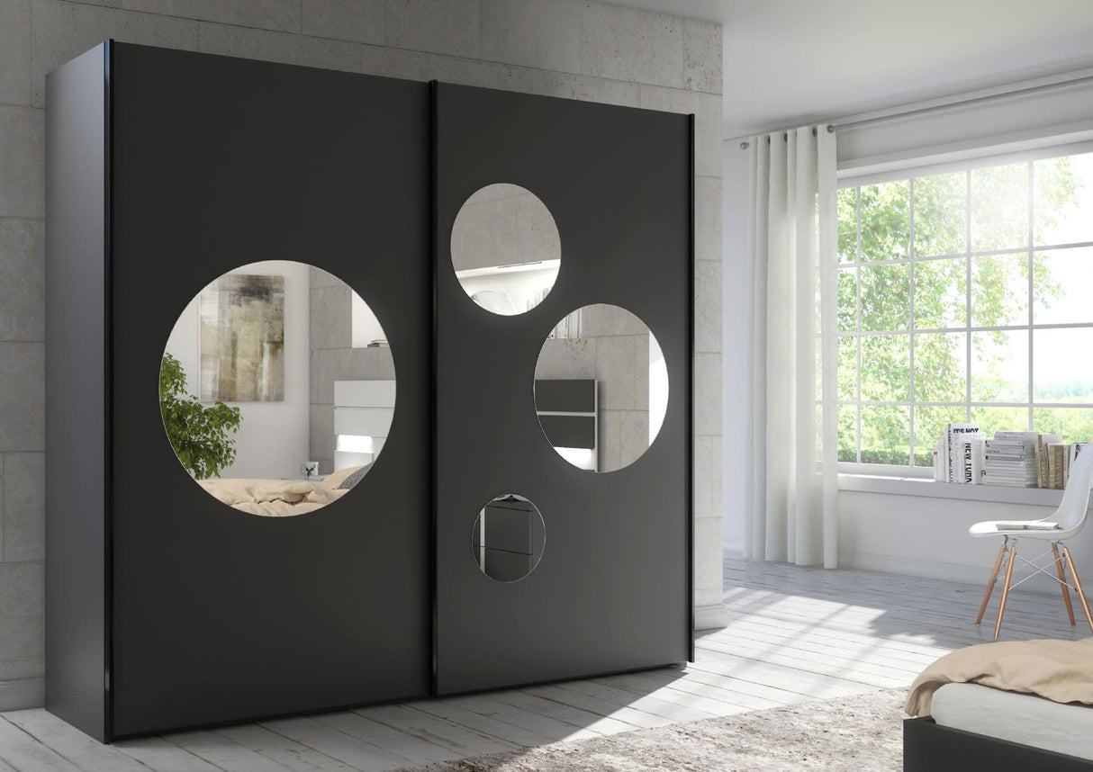 Cullinan Dark Grey Large 219cm Sliding Door Wardrobe With Round Mirrors - 8XGMS202