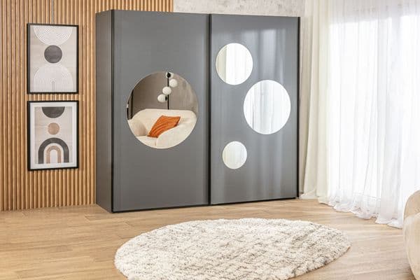 Cullinan Dark Grey Large 219cm Sliding Door Wardrobe With Round Mirrors - 8XGMS202
