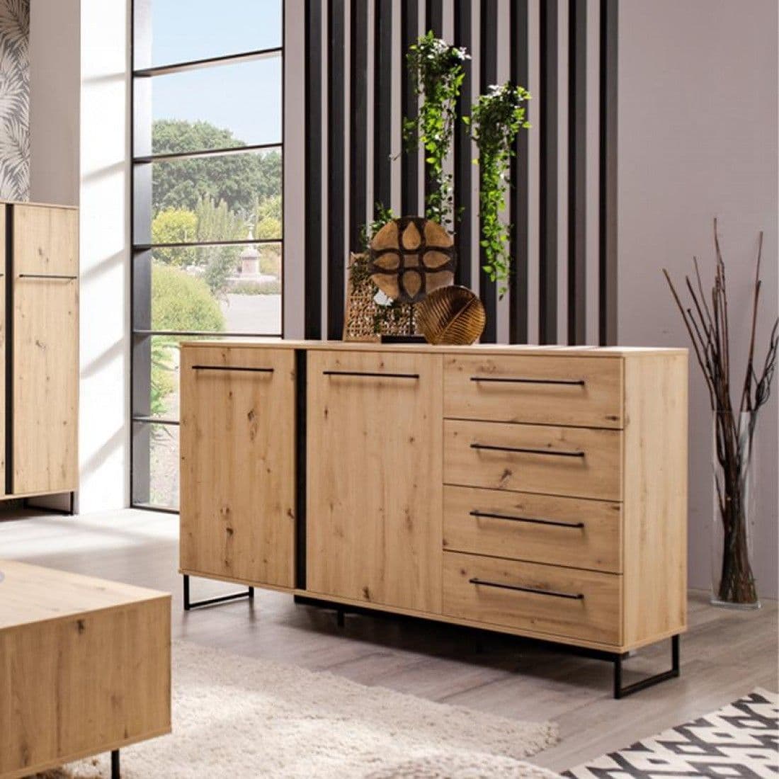 Nuraga Artisan Oak Effect And Black 159cm 2 Door 4 Drawer Sideboard - 11008230