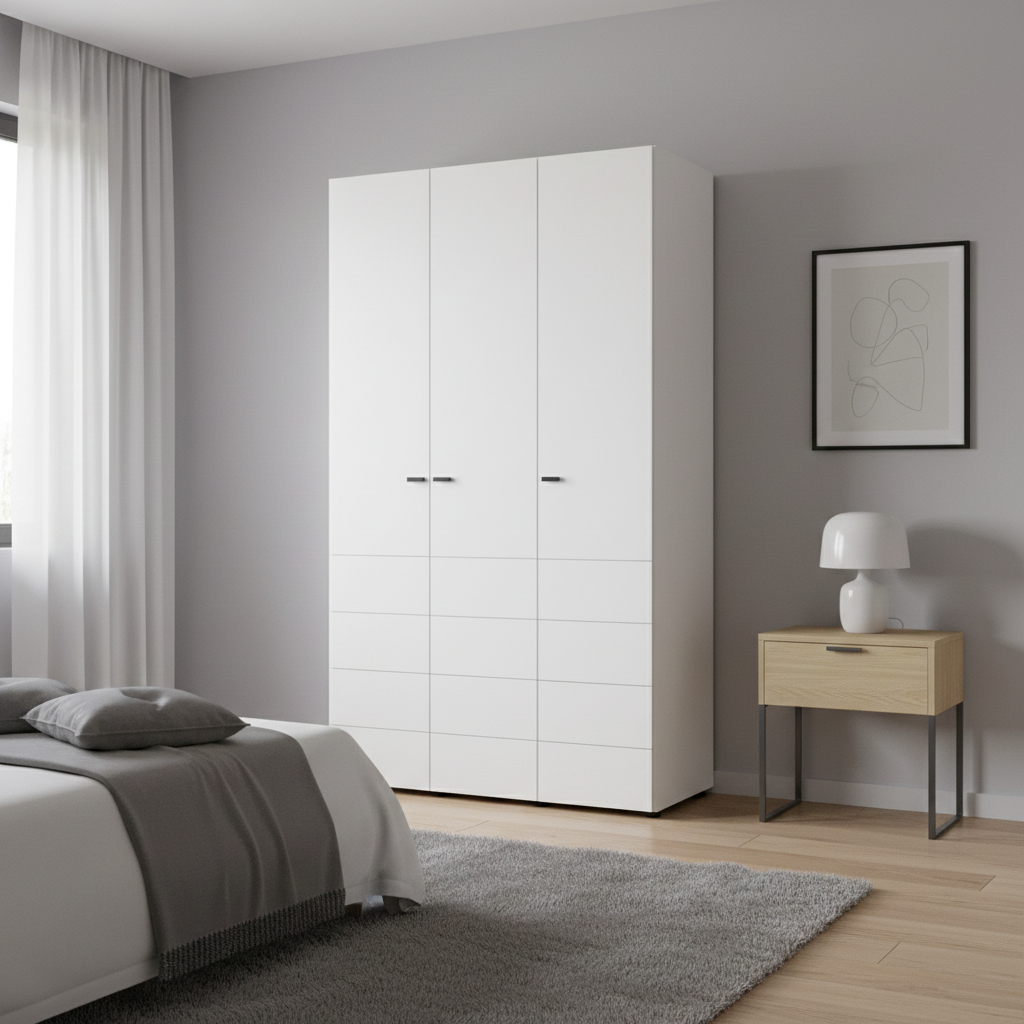 Nevaris White Narrow 3 Door Space-Saving 117cm Wide Wardrobe - 11014949