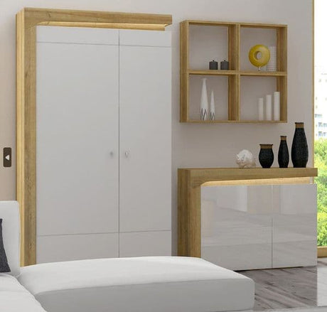 Rio White High Gloss And Oak 2 Door Wardrobe With Shelves and LED Lights - THS-2-N8C