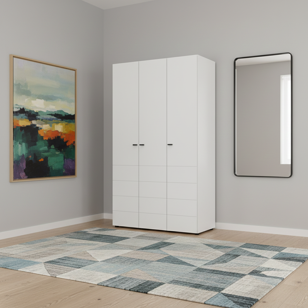 Nevaris White Narrow 3 Door Space-Saving 117cm Wide Wardrobe - 11014949