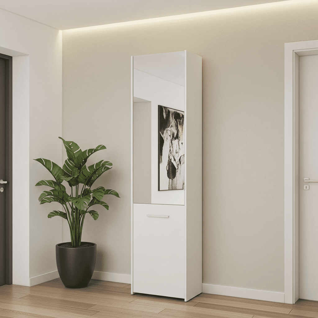 Lisbon White Mirrored 1 Door 30 Pair Tall Slim Shoe Cabinet Cupboard - 11012393