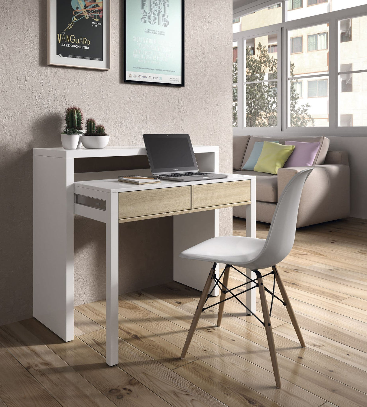 Whisper Extending Desk in White & Light Oak