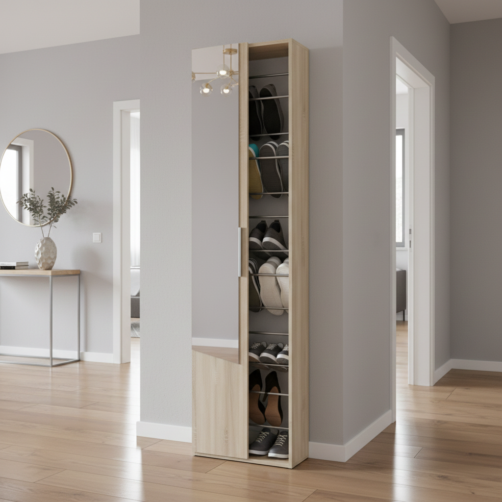 Florence Oak Tall Shoe Cabinet with Mirrored Door - 007864F