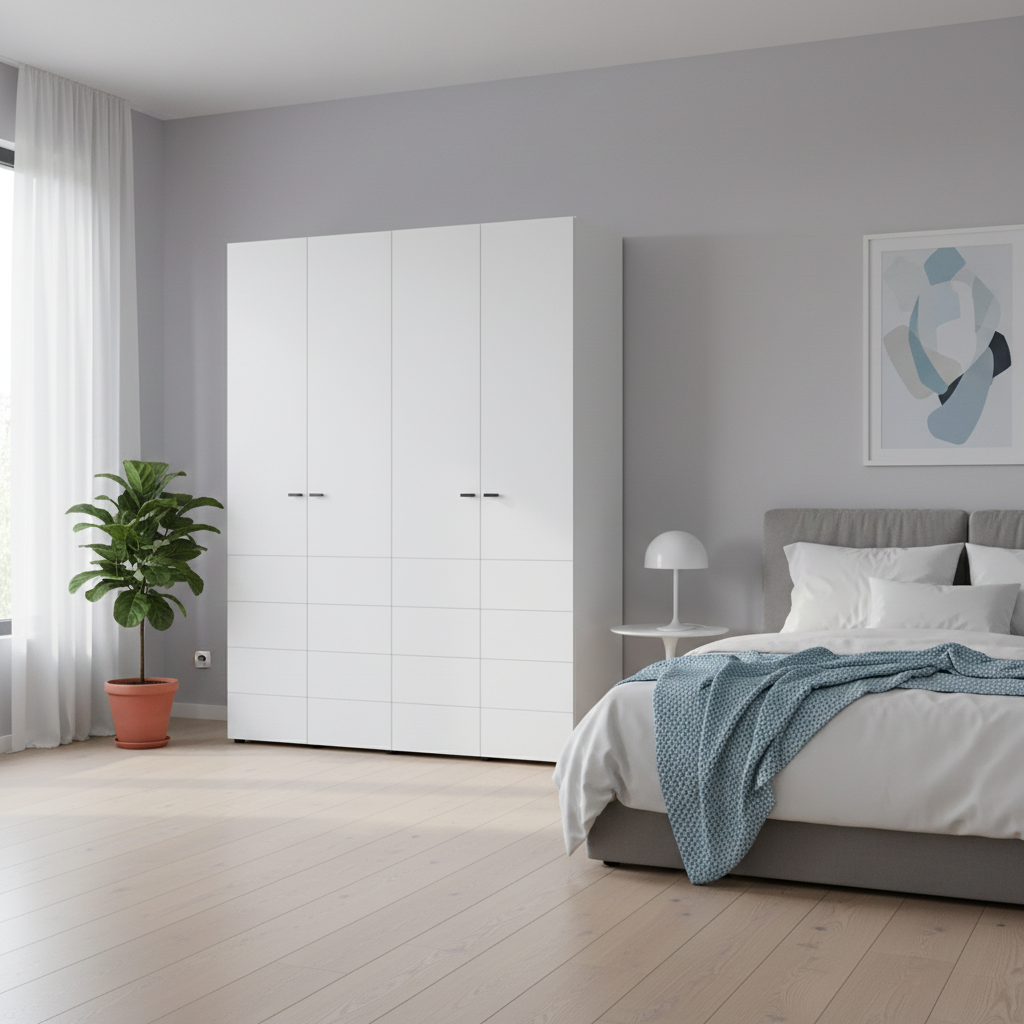 Nevaris White Narrow 4 Door Space-Saving 155cm Wide Wardrobe - 11014951