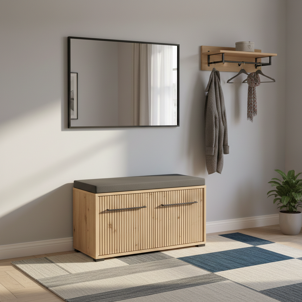 Lantier Slatted Artisan Oak Effect 2 Door Compact Hallway Shoe Storage Bench - 11013432