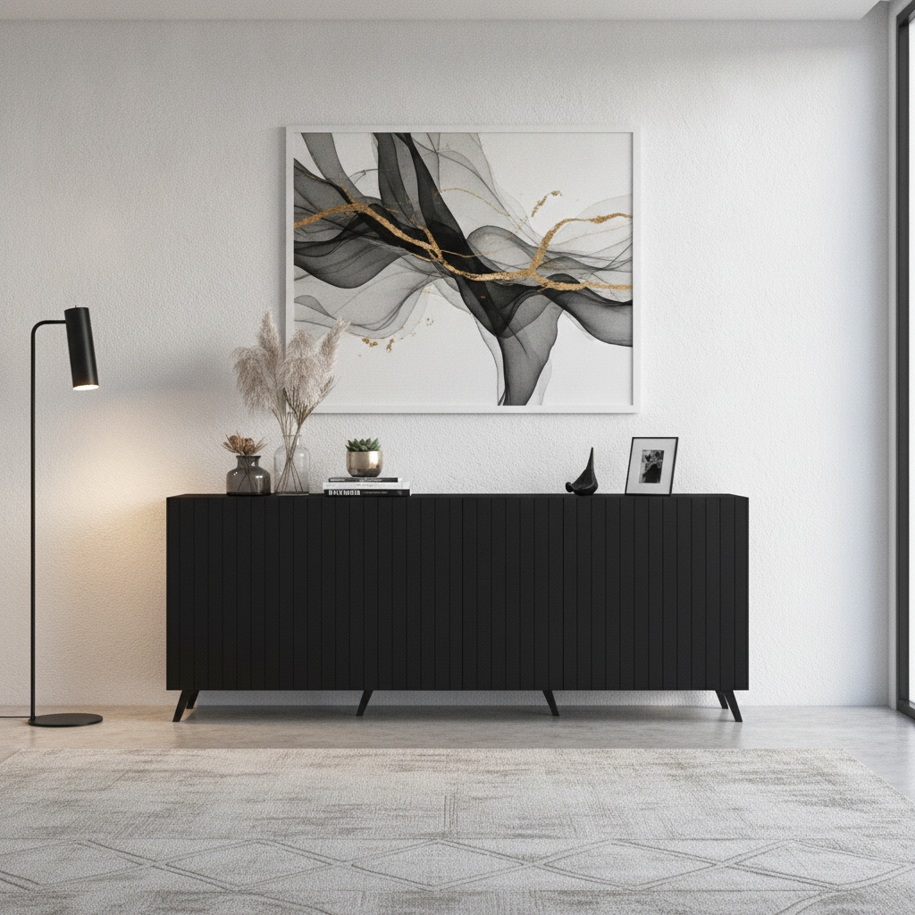 Nora Matte Black Slatted 4 Door Wide Elegant Sideboard