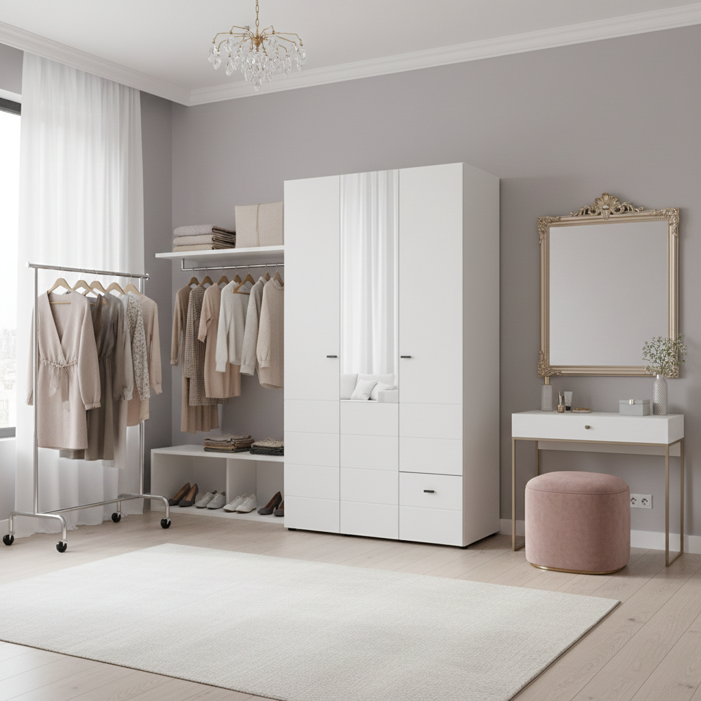 Nevaris White Narrow 3 Door 1 Drawer Space-Saving 117cm Wide Combination Wardrobe - 11014950