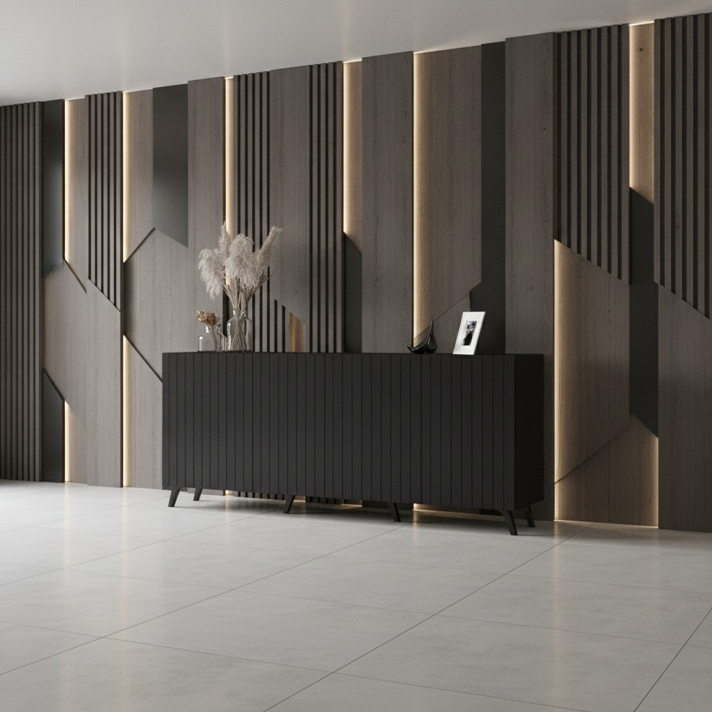 Nora Matte Black Slatted 4 Door Wide Elegant Sideboard